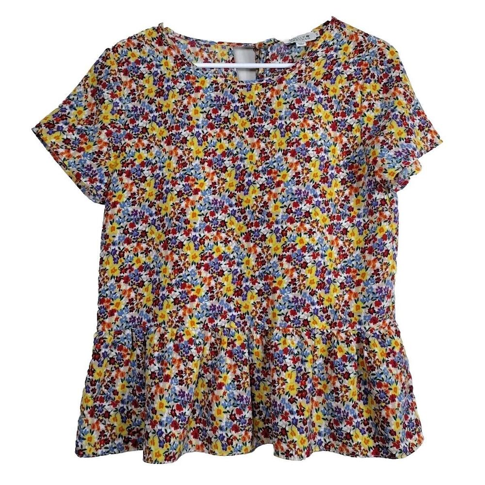 Floral Top Blouse Sz S Small Peplum Ruffle Multicolor short Sleeve